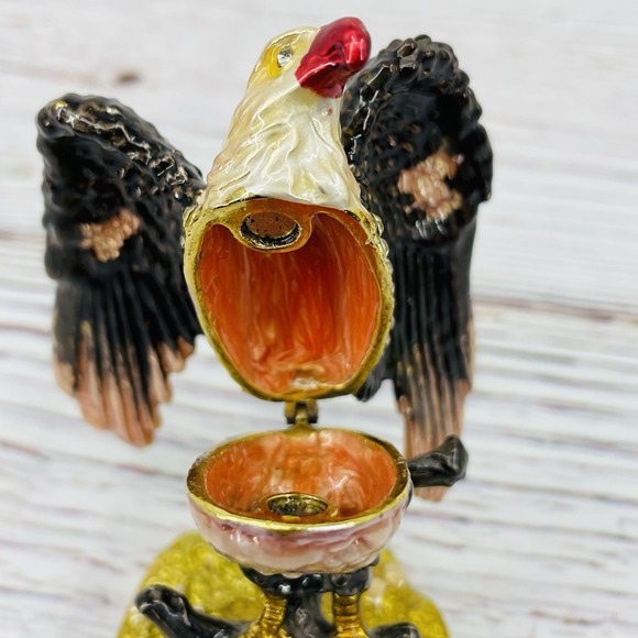 Metal Jeweled Enamel Bald Eagle Trinket Box Rhinestones - Picture 5 of 9
